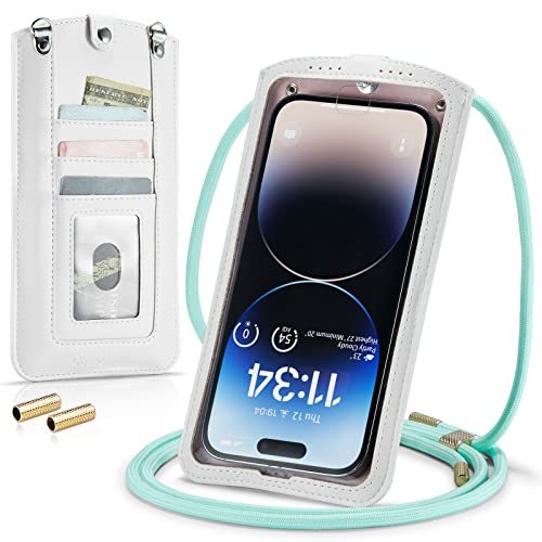 Small Crossbody Bag Cell Phone Purse for Women Men Leather Mini Shoulder Bag Wallet Case with Card Holder Slot Necklace Lanyard for All Smartphones iPhone Samsung Google Moto up to 7.3" White - color: White