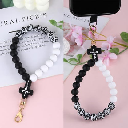BEEFLYING Silicone Beaded Phone Charm Wrist Strap for Case - color: Black + White