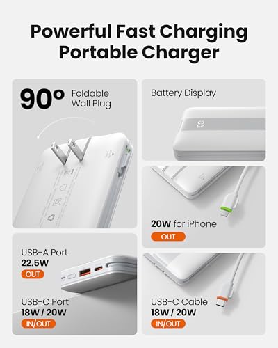 Fast Charging Power Bank, USB C Portable Charger Built-in Cables and Wall Plug, 10500mAh 22.5W 4 Outputs 3 Inputs LED Display External Battery Pack Compatible with iPhone/Android (White) - color: White