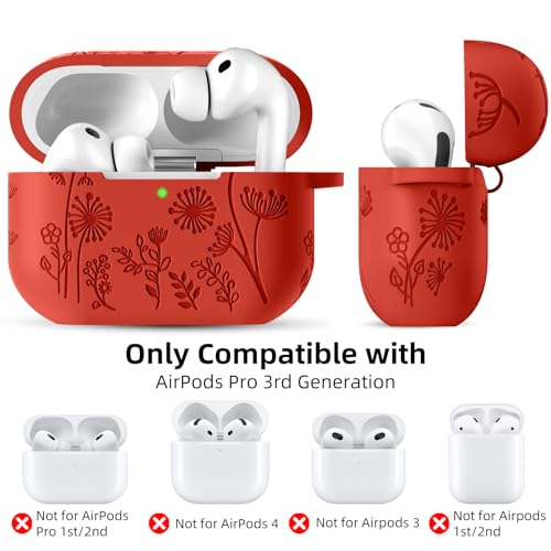 Lerobo for AirPods Pro 3 Case, Flower Engraved Soft Silicone Cover, Red - color: A-Red, size: AirPods Pro 3