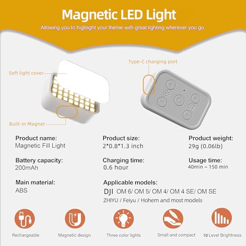 Fotorgear Universal Magnetic Selfie Light for All Smartphones & Gimbals, Slim LED Vlog Fill Light with 3 Color modes, Compatible with iPhone DJI, Insta360