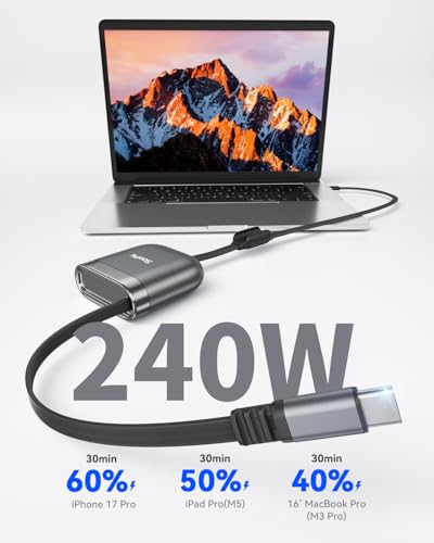SOOPII 240W Single-Pull Retractable USB C to USB C Cable, 3.71FT, Grey - color: Grey, size: 3.71FT-1 Pack