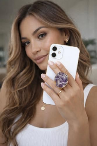 Grips by CRYSTALFY Crystal Phone Grip Holder & Expanding Kickstand-Natural Gemstone Swappable Top Accessory Compatible with iPhone, iPad, Kindle & Mobile Devices (Chevron Amethyst Gold, Adhesive) - color: Chevron Amethyst Gold, style: Adhesive