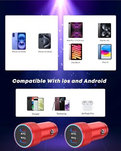 Fast Car Charger for iPhone 17,USB C Charging iPhone 2Pack Dual USB C Port - color: Red 3FT