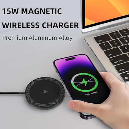 for MagSafe Charger, Magnetic Wireless Charging Pad for iPhone 17/17 Pro/17 Pro Max/Air/16 15 14 13 12 Pro Max Plus mini/AirPods 2 3 Pro, Strong Magnet, Aluminum Alloy, USB-C/A Ports(Black) - color: Black