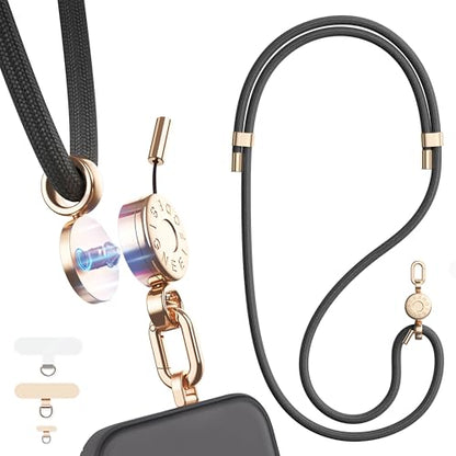 Phone Lanyard Crossbody with Upgraded Quick-Release Magnetic Buckle, 3 Tabs 360° Rotatable Adjustable Phone Strap - color: Black