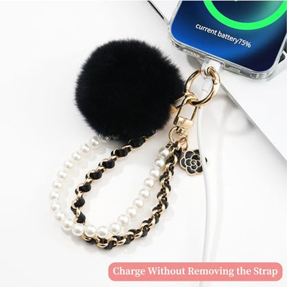 WOZEAH Phone Charm for Women, Beaded Wrist Strap Lanyard with Tether Tab – Detachable Phone Chain Wristlet - color: Black Pompom
