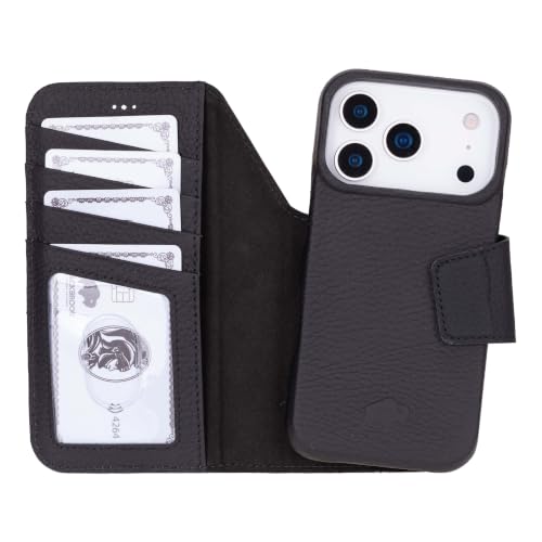 BLACKBROOK Detachable Leather Wallet Case Compatible with iPhone 17 Pro | Full-grain detachable folio with RFID blocking, 3 card slots, ID window, built-in kickstand, wireless charging, handcrafted. - color: Pebble Black, size: iPhone 17 Pro
