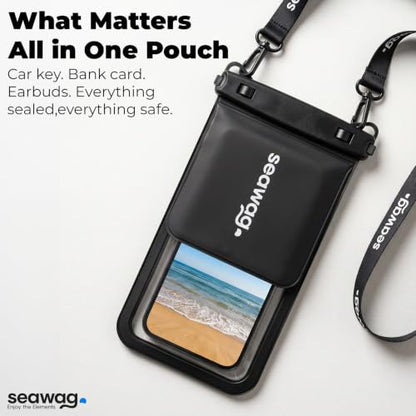 SEAWAG Waterproof Phone Pouch with Pocket for Keys, IPX8 Dry Bag up to 7.5in Plus Underwater Case for iPhone & Samsung, Full Touchscreen, Lanyard, Beach Travel Swimming Black