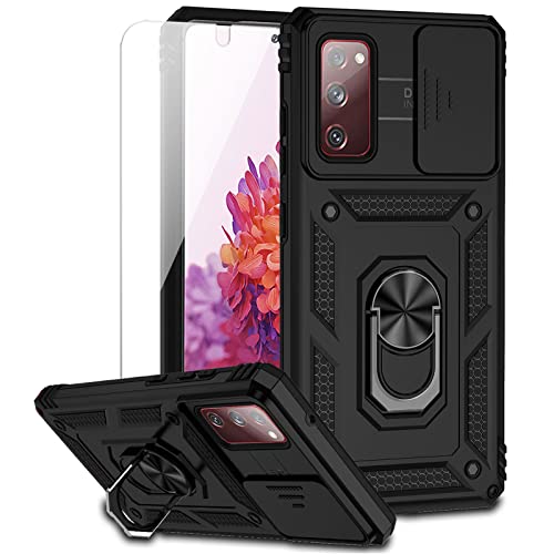 for Samsung Galaxy S20 FE 5G Case with Camera Lens Cover HD Screen Protector, Military-Grade Drop Tested Magnetic Ring Holder Kickstand Protective Phone Case for Samsung Galaxy S20 FE 5G (Black) - color: Black with camera cover Military-Grade 2nd gen