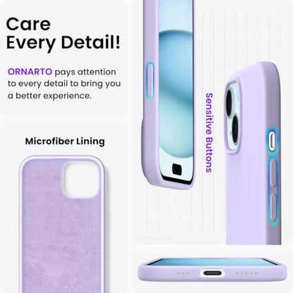 ORNARTO Compatible with iPhone 15 Case 6.1, Slim Liquid Silicone 3 Layers Full Covered Soft Gel Rubber Phone Case, Anti-Scratch Shockproof Protective Cover 6.1 Inch, Pastel Lilac - color: Pastel Lilac