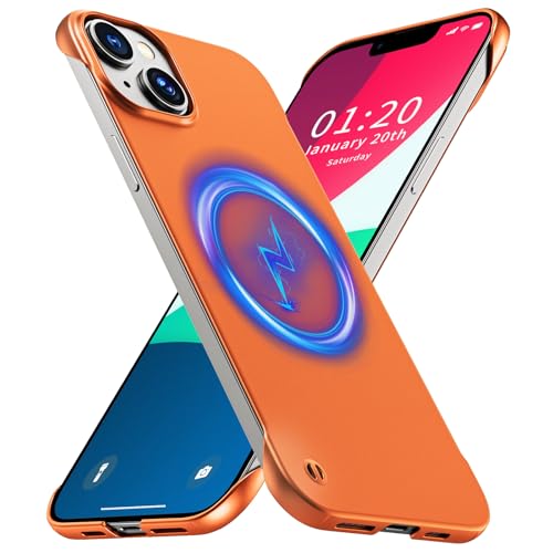 GRECAZO Magnetic Frosted Frameless Case for iPhone 13, Orange | Compatible with MagSafe, Metallic Finish, Hard PC Cover, Ultra Thin Lightweight Minimalist Borderless, Slim Fit, 6.1-Inch - color: Orange, size: iPhone 13