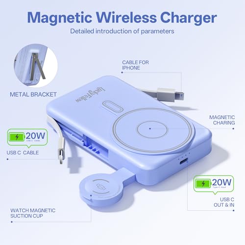 Magnetic Portable Charger Built-in Cables,10000mAh Fast Charging Wireless Charger Station External Battery Pack Slim Pocket Size Power Bank with Stand Compatible with iWatch, iPhone - color: Dark Blue