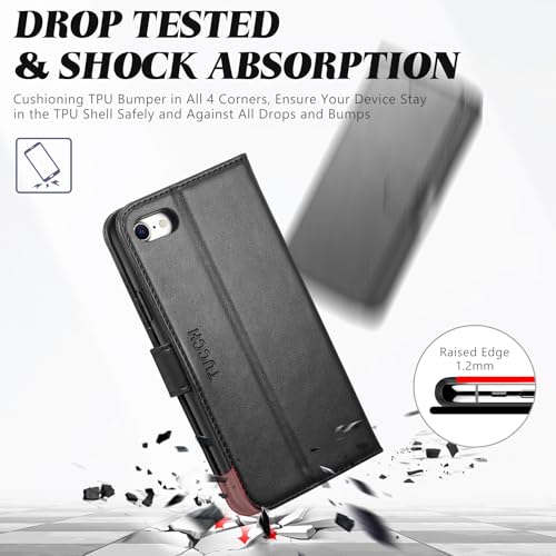 TUCCH Wallet Case for iPhone SE 2022/ iPhone 7/8/iPhone SE 2020 4.7", Black | 3 Card Holders, Kickstand, PU Leather, Shockproof TPU Shell, Magnetic Closure, Protective Folio Cover - color: Black