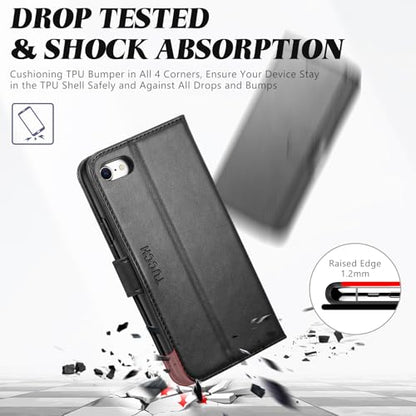 TUCCH Wallet Case for iPhone SE 2022/ iPhone 7/8/iPhone SE 2020 4.7", Black | 3 Card Holders, Kickstand, PU Leather, Shockproof TPU Shell, Magnetic Closure, Protective Folio Cover - color: Black