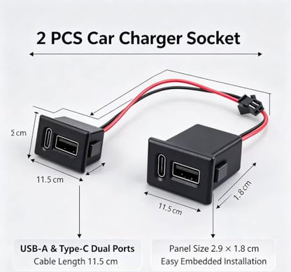 2 Pack Flush Mount USB & Type-C Car Charger Socket
