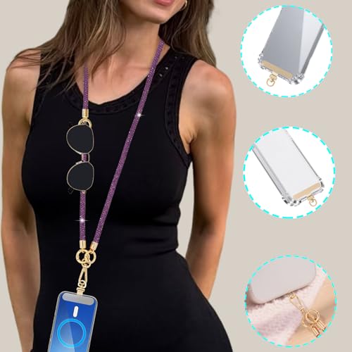 Crystal Phone Lanyard Crossbody and Wrist Strap Lanyard Rhinestone Anti-Theft Phone Strap Phone Neck Strap for Women - color: Purple Rhinestone