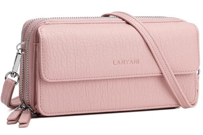 RFID Crossbody Wallet Wristlet Purse with Phone Pocket For Women Vegan Leather - color: Pink