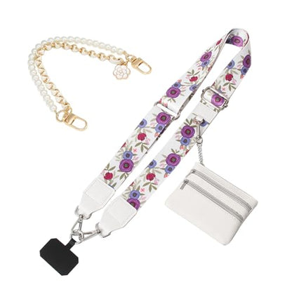 Phone Strap with Zippered Pouch, Clip and Go Strap for Phone with Wallet Crossbody, Adjustable Crossbody Phone Strap-1 - color: Flower White