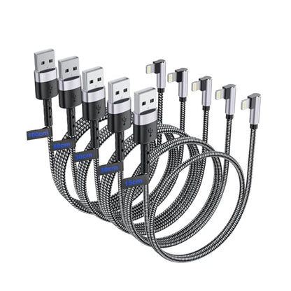 5Pack Right Angle Short iPhone Charger Cable 【15CM+30CM*2+50CM+1M】，90 Degree Apple USB A to Lightning Cable, Nylon Braided Sync Data Fast Charge Cord for iPhone 14 13 12 11 Pro Max Xs Xr 8 7 6 Plus SE