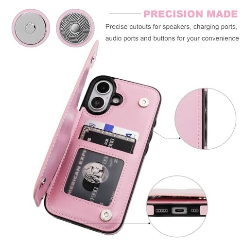 ONETOP for iPhone 16 Wallet Case with Credit Card Holder,Pink | Kickstand,ID/Cash Holder,Case Wallet with Card Slots,Double Magnetic Clasp,Durable PU Leather Shockproof Cover for Women Men - color: Pink