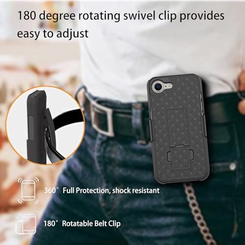 for iPhone 16e Belt Clip Case, Stand Holster Screen Protector-Black | Swivel Kickstand Holder, Slim Shell Slide Pouch Full Body Protective, Rugged Heavy Duty Shockproof Outdoor Cell Phone Cover - size: iPhone 16e