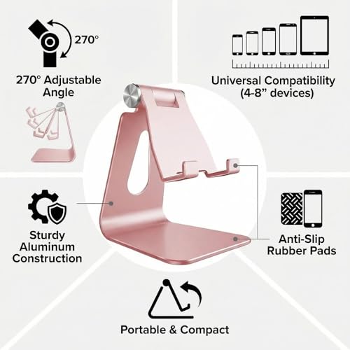 1 Pack Adjustable Cell Phone Stand, Aluminum Desktop Holder Compatible with iPhone & Android Devices, Portable Cradle Mount for Workspace, Rose Gold Accessories