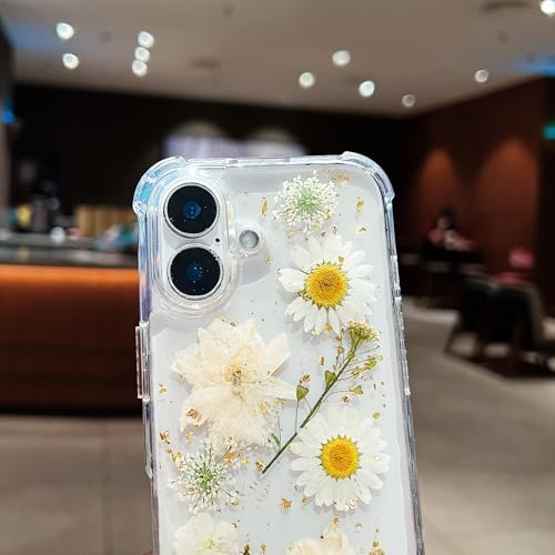 Compatible with iPhone 17 Case Clear Cute Real Flowers Shockproof | Handmade Natural Pressed Dried White Flower Gliter Soft TPU Slim Protective phone cover for iphone 17 - color: White Flower, size: iphone 17