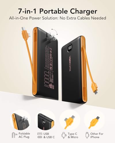 VEEKTOMX Portable Charger with Built-in Cables and AC Wall Plug, 10000mAh - color: Black+Yellow