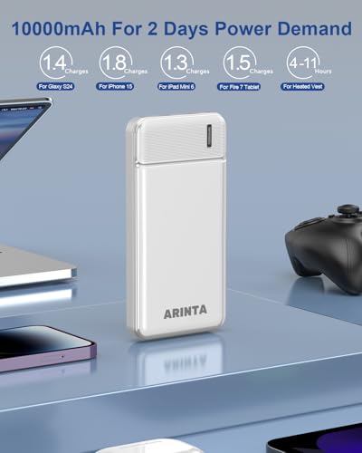 Portable Charger Power Bank 10000mAh, Battery Pack Ultra Slim with USB-C Input/Output, Travel Essentials, Compatible for Heated Gear, Smartphones & Tablets, Gifts for Men Women. (White) - color: White