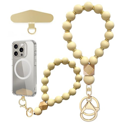 Silicone Beaded Phone Wrist Strap, Phone Bracelet Strap with Tether Tab Elastic Hands Free Wristlet Strap - color: Beige