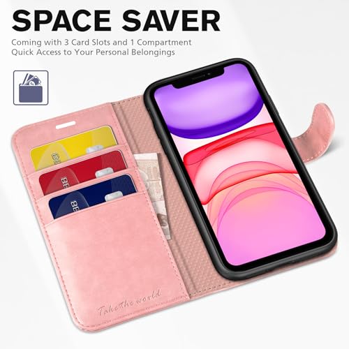 TUCCH Wallet Case for iPhone 11 (6.1") 2019, 3 Card Holders, Rose Gold | RFID Blocking, Viewing Stand, Shockproof TPU Shell, PU Leather, Magnetic Closure, Protective Folio Flip Cover - color: Rose Gold