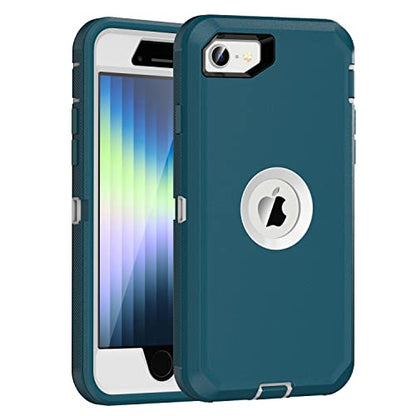 MXX Case Designed for iPhone SE Case 2020/2022 Heavy Duty Protective with Screen Protector [3 Layers] Rugged Rubber Protection Cover & Rotating 360 Degree Belt Clip SE 3rd/2nd Gen (Tuscan Teal/White) - color: Tuscan Teal/White