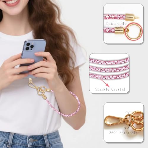 Crystal Phone Lanyard Crossbody Adjustable Rhinestone Anti-Theft Phone Strap Crossbody Cell Phone Neck Strap for Women - color: Pink