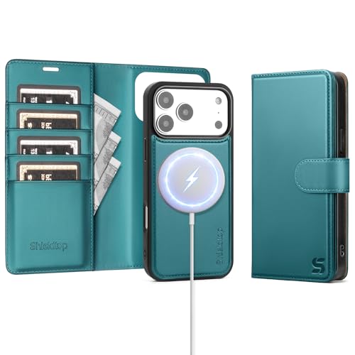 Shieldtop Compatible with MagSafe iPhone 17 Pro Wallet Case,Blue Green | 2 in 1 Detachable Magnetic,Credit Card Holder Slots,RFID Blocking,PU Leather,Kickstand,Flip Folio Phone Cover for Men & Women - color: Blue Green, size: iPhone 17 Pro - 6.3"