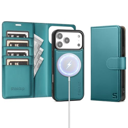 Shieldtop Compatible with MagSafe iPhone 17 Pro Wallet Case,Blue Green | 2 in 1 Detachable Magnetic,Credit Card Holder Slots,RFID Blocking,PU Leather,Kickstand,Flip Folio Phone Cover for Men & Women - color: Blue Green, size: iPhone 17 Pro - 6.3"