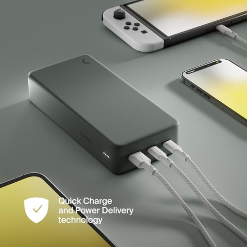 Clemm Portable Charger 30000mAh, Power Bank for iPhone, Samsung, iPad & Laptops, 3 Ports (USB-A + 2× USB-C), Quick Charge & Power Delivery, Up to 6 Phone Charges or 1 Laptop Charge, Green