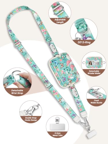 Clip and Go Strap for Phone with Wallet Crossbody Lanyard Blue - color: Butterfly Flowers