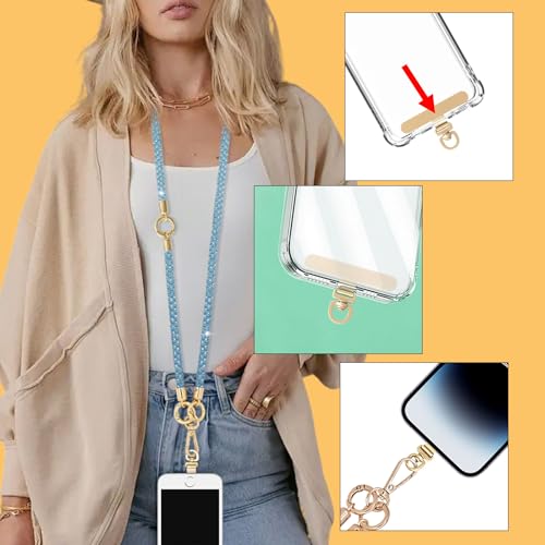 Crystal Phone Strap Crossbody and Wrist Lanyard, Anti Theft Layered & Wrist Strap Cell Phone Neck for Women - color: Blue a