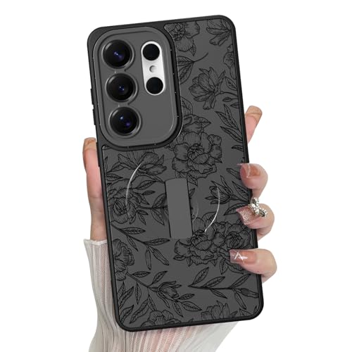 MZELQ for Samsung Galaxy S26 Ultra Case Rose Floral Flower Pattern -Black | Silicone Cute Support for MagSafe, Kickstand Wristband Camera Protection Soft Slim Phone Case for Girls Women - color: Black-Rose, size: Samsung Galaxy S26 Ultra