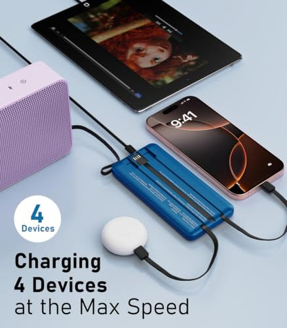 Portable Charger Built in 4 Cables, 10000mAh Power Bank, Black&Blue