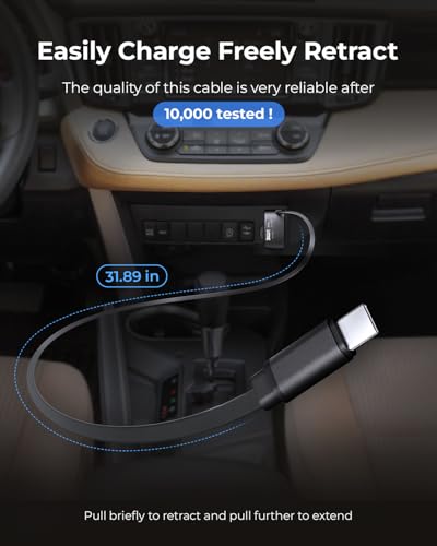 Retractable Car Charger USB C, 84W Max, Ultra-Compact, Type-C Fast Charger with Built-in Retractable USB-C Cable, Car Adapter for iPhone 16/15 Series, MacBook Pro/Air, iPad, AirPods Black