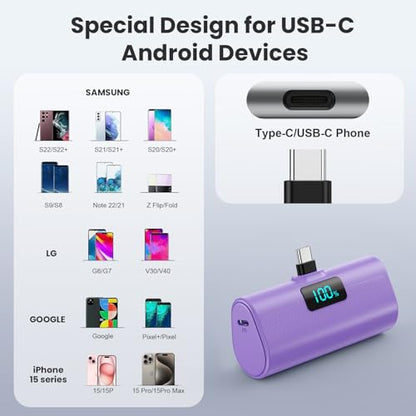 [2-Pack]Portable Charger for iPhone 17/16/15 Series,5200mAh PD USB C Power Bank Built-in USB-C Connector, Battery Pack Compatible with iPhone 17/17 Pro Max/16/15 Series,Galaxy,Android(Black+Purple) - color: Black+Purple