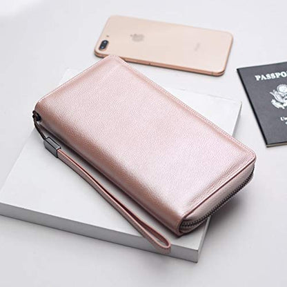 Bveyzi Women RFID Blocking Wallet Leather Zip Around Phone Clutch Large Capacity Ladies Travel Purse Wristlet - color: Rose Gold