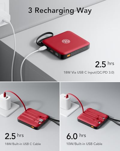 VRURC 10000mAh Portable Charger Power Bank Built-in Cables - color: Red
