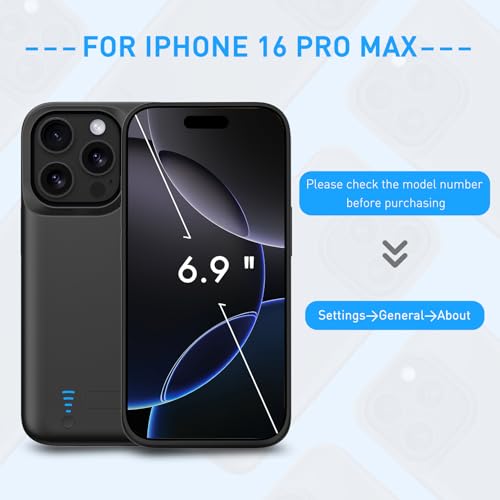 Battery Case for iPhone 16 Pro Max, 5000mAh Extended Charging Case with Kickstand for Apple 16 Pro Max, Phone Charger Cover for 16 Pro Max(6.9") Black