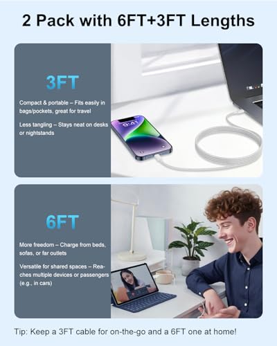 iPhone Charger Lightning Cable 3FT+6FT 2Pack,[Apple MFi Certified] USB A to Lightning Cable Nylon Braided iPhone Fast Charging Cable Cord for iPhone 14 13 12 11 Pro Max//XS/XR/8/7/6/5/SE,iPad,AirPods - size: 1M+2M