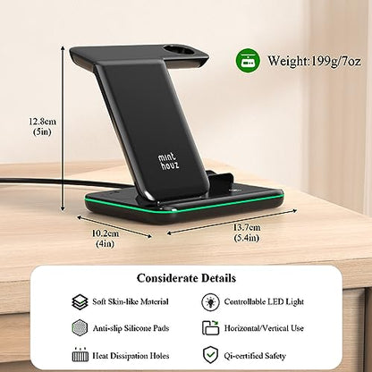 Minthouz Phone Wireless Charger, 18W Fast Charging Station for iWatch (Watch Charger is NOT included), AirPods, Wireless Charger Stand Compatible with iPhone 15/14/13/12/11 Series (with QC3.0 Adapter)