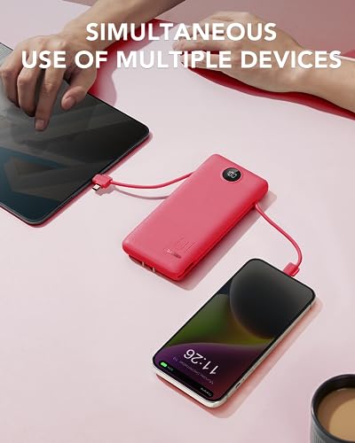 Portable Charger Built-in Cables and AC Wall Plug, VRURC USB C Power Bank 10000mAh, Travel Battery Portable Phone Charger Compact Lightweight External Battery Pack for SmartPhones,Tablets-Viva Magenta - color: Viva Magenta