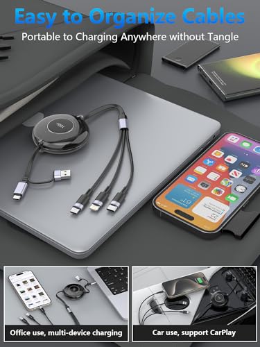 4FT Multi Charging Cable 100W Retractable USB C Multiple Charging Cable iPhone Fast Charging Cord 3-in-1 Multi Charger Adapter for iPhone 14 15 13 ipad,Pixel,Samsung Universal Cable Travel Essentials